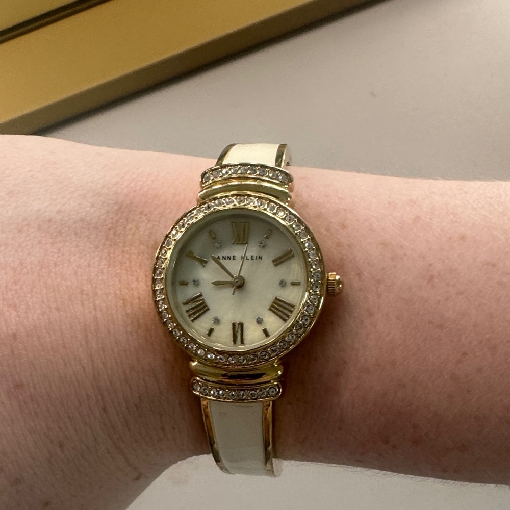 Anne Klein Gold-Tone Watch with Cream Strap